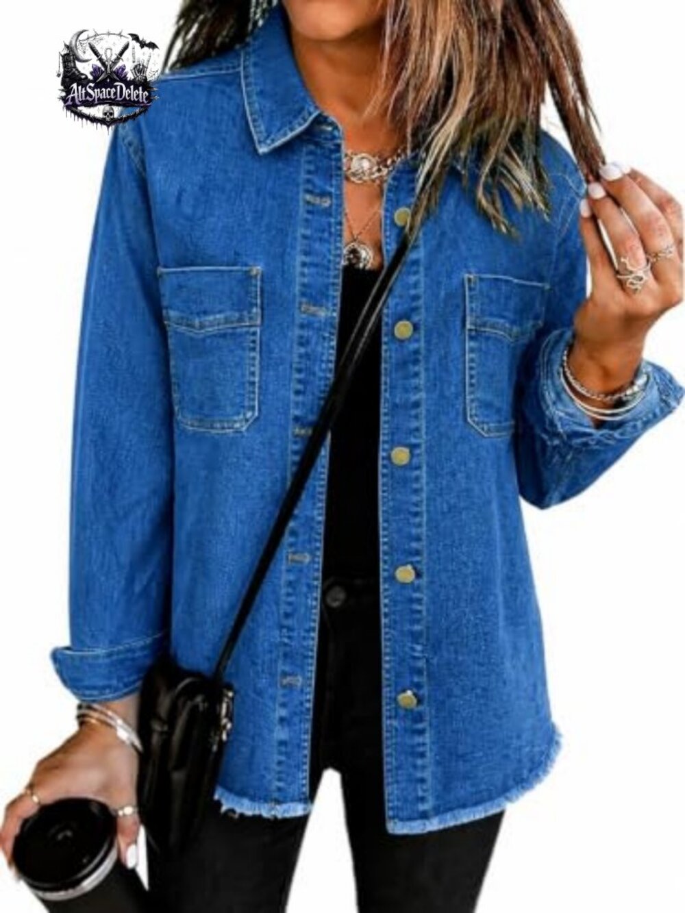 Women Denim Jacket Oversized Button Down Frayed Hem Jean Top